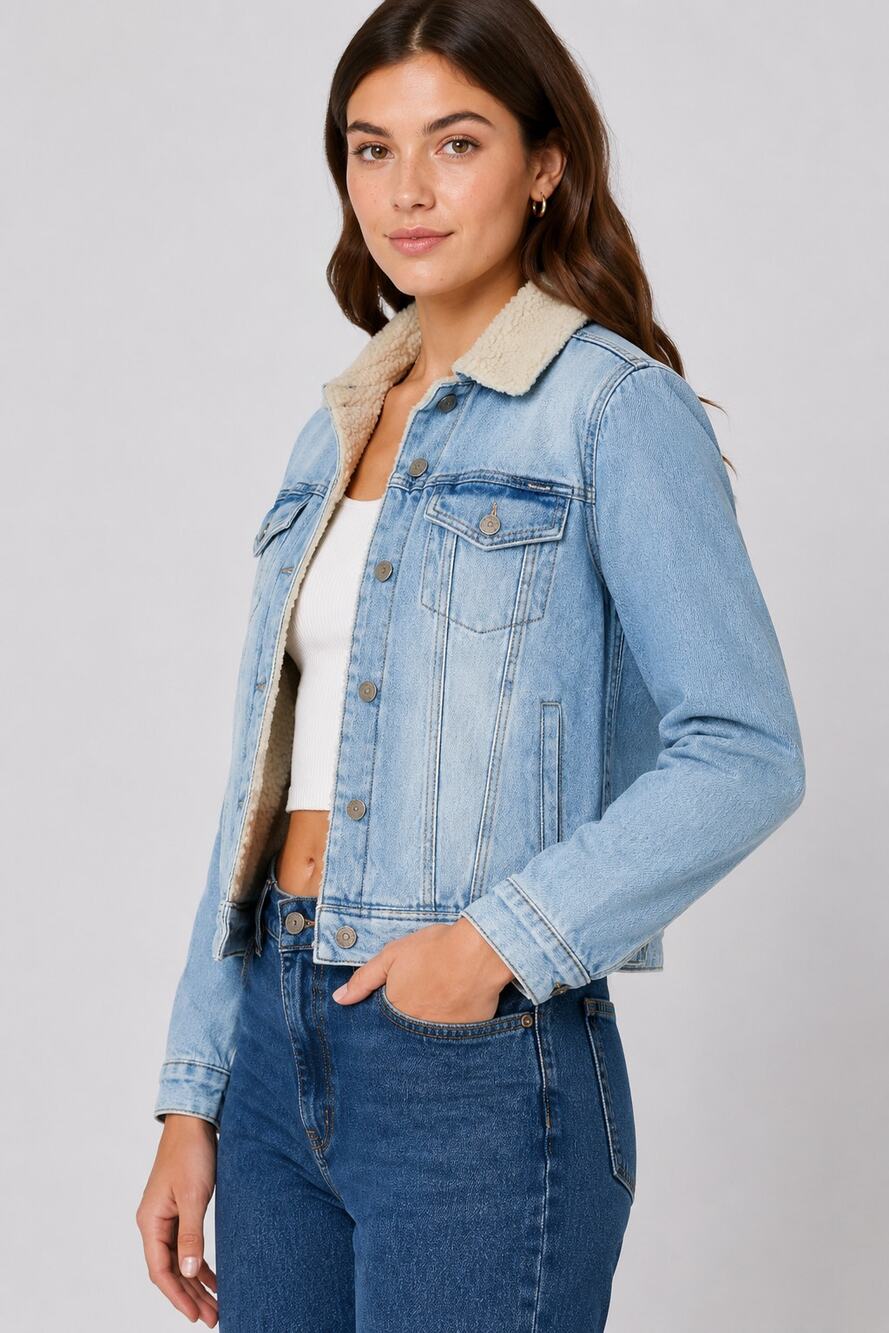 Calvin Klein Sherpa Lined Denim Trucker Jacket Womens Size Small Light Wash Y2K